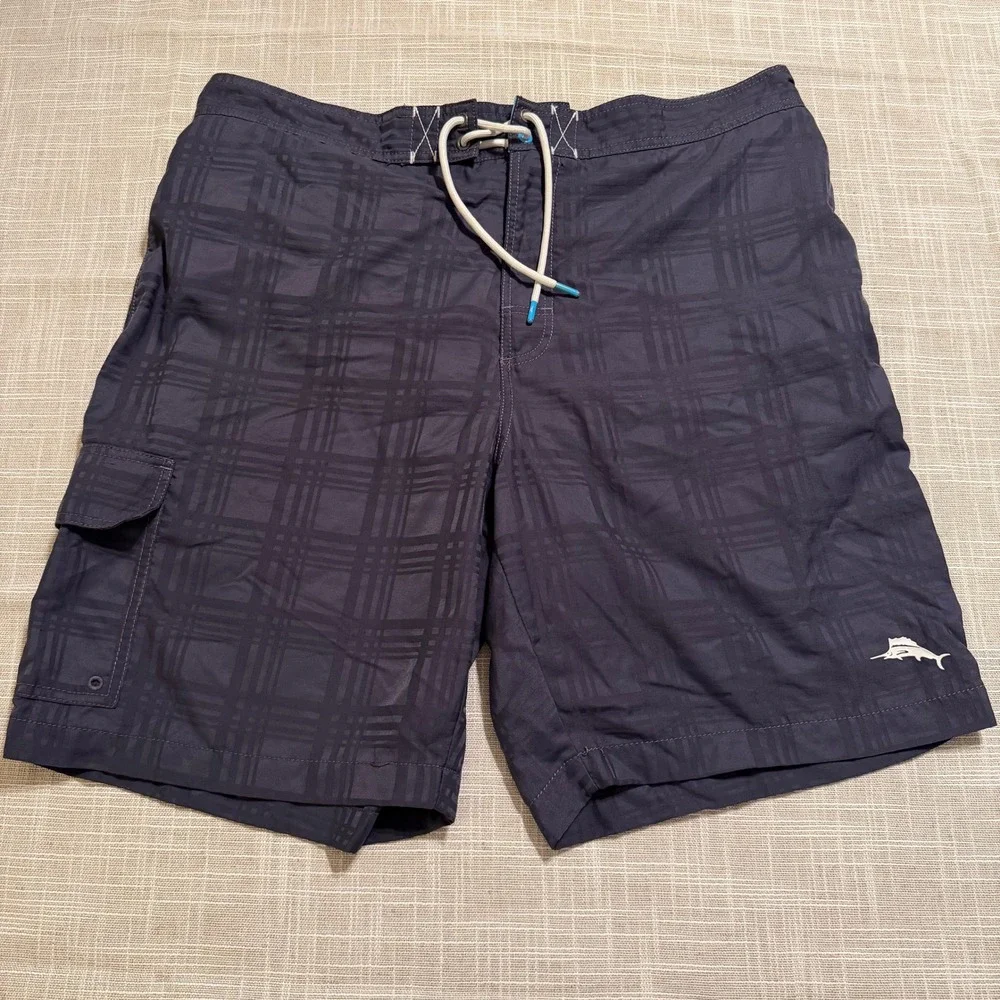 Tommy Bahama Mens XL Gray Tonal‎ Plaid Mesh Lined Swim Trunks Board Shorts